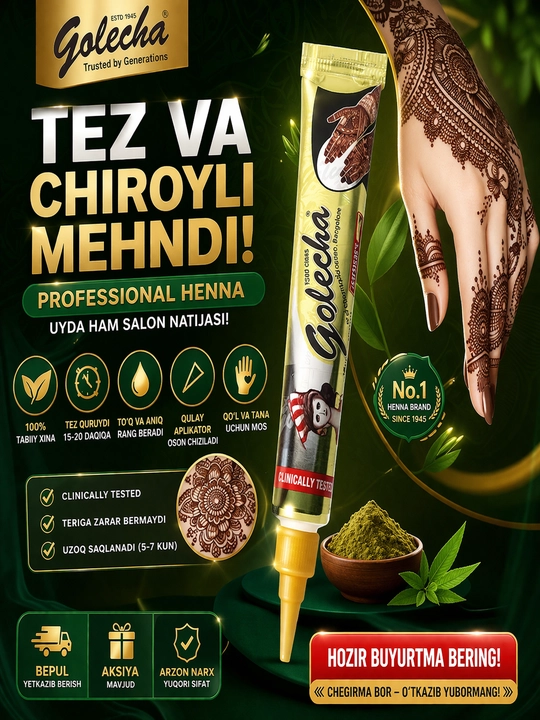 Xna, tabiiy xina qo‘l va kaftlarni bo‘yash uchun hna, Golecha, konussimon Golecha, 25 g - 