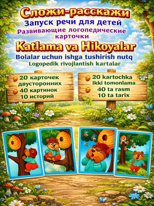 Qo‘shish-hikoya qilish, bolalar uchun nutqni boshlash, logopedik rivojlantiruvchi kartochkalar - 