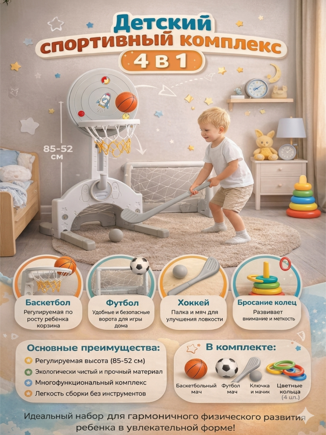 Детский спортивный комплекс 4 в 1 — баскетбол, футбол, хоккей, кольцеброс , игровой набор
