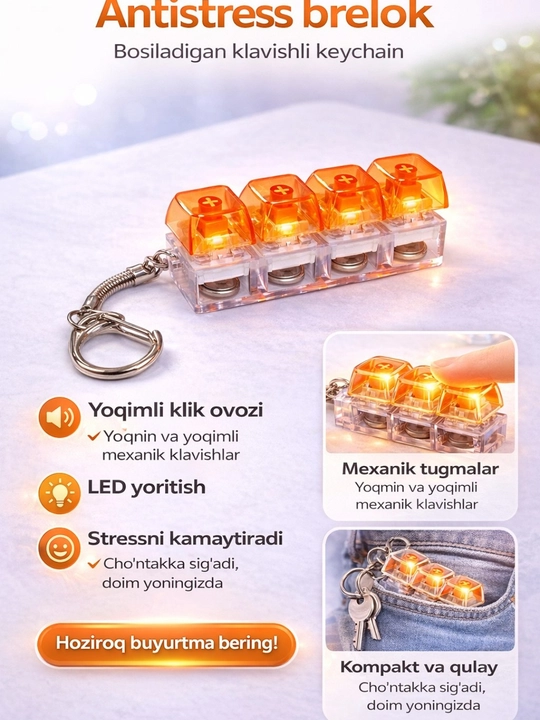 LED yoritgichli, AntiStress brelok, kalit zanjiri klaviaturasi bilan stressga qarshi bosuvchi - 