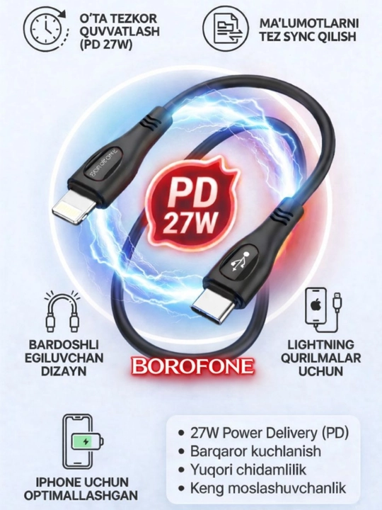 Tezkor quvvatlash kabeli Borofone BX98 Type-C Lightning, PD 27W - 