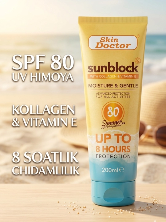 Quyoshdan himoyalovchi krem Skin Doctor Sunblock SPF 80 kollagen va vitamin E bilan 200 ml - 