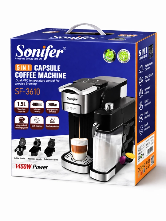 Кофемашина Sonifer SF-3610 5 в 1, для капсул и молотого кофе, 20 бар, 1,5 л