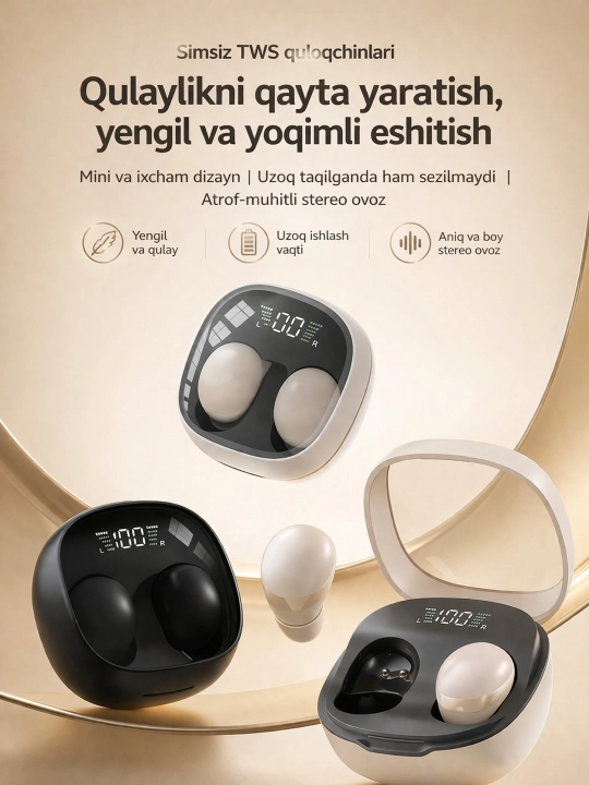 Беспроводные Bluetooth наушники, LED дисплей, система шумоподавления ENC - 