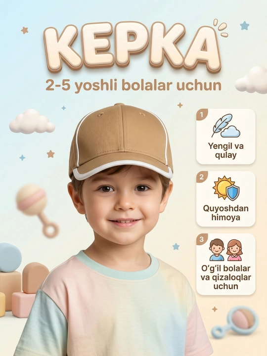 Bolalar kepkasi 2–5 yosh uchun, yengil va qulay, o‘g‘il-qizlar uchun - 