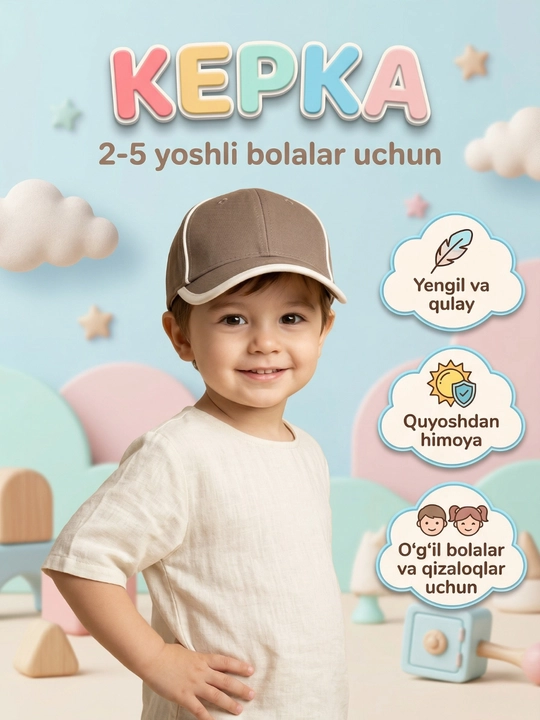 Bolalar kepkasi 2–5 yosh uchun, yengil va qulay, o‘g‘il-qizlar uchun - 