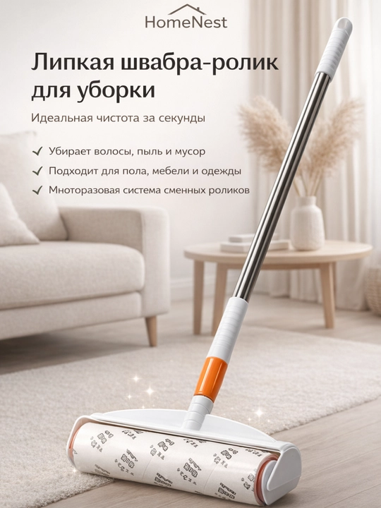Липкая швабра, ролик для уборки пола, мебели и одежды от шерсти, волос - 