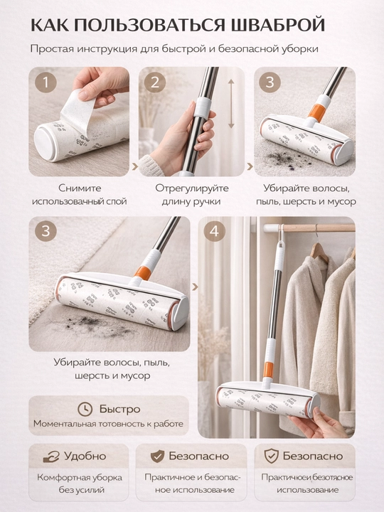 Липкая швабра, ролик для уборки пола, мебели и одежды от шерсти, волос