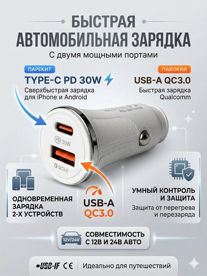 Автозарядка 2 порта PD 30W Type-C + QC3.0 USB-A белая