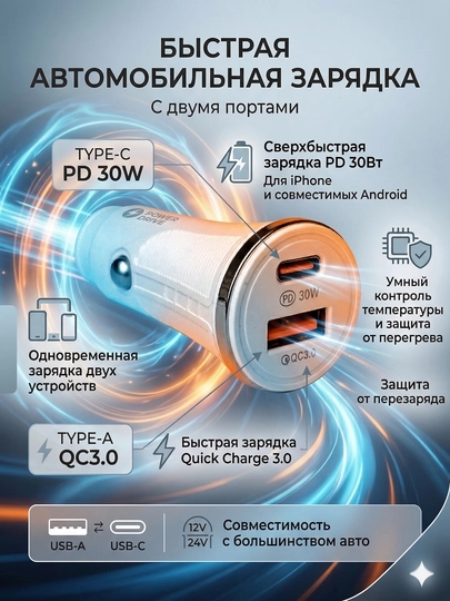 Автозарядка 2 порта PD 30W Type-C + QC3.0 USB-A белая — UZUMELT-AVTOZARYADKAOQ30WI
