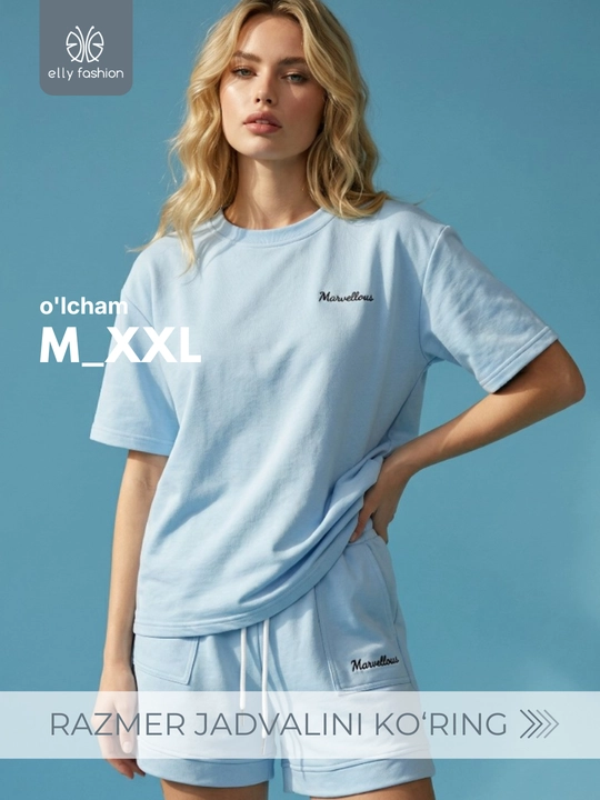 Yozgi ayollar kostyumi - ikki baho, ayollar to‘plami, futbolka va shortiklar - EllyFashion - 
