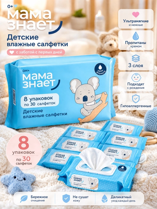 Bolalar uchun nam salfetkalar Mama Znaet 240 dona (30×8), gipoallergen, tug‘ilgandan - 