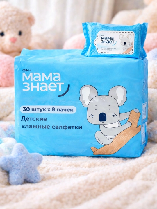 Влажные салфетки детские Мама Знает 240 шт (30×8), гипоаллергенные, с рождения