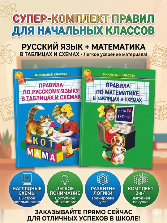 Правила по математике + правила по русскому языку в таблицах и схемах 1-4 классы - 