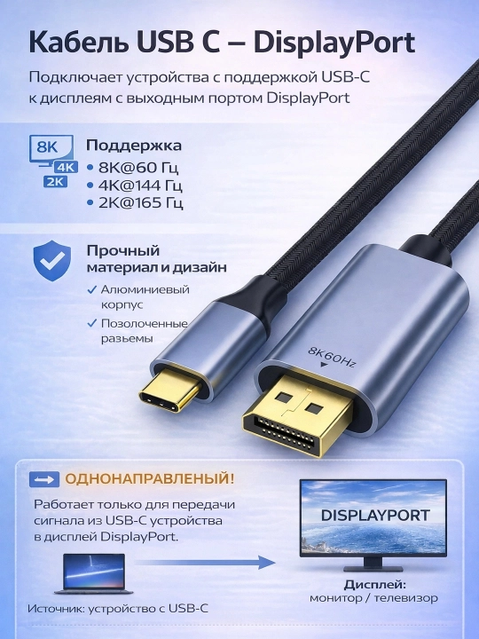 USB-C kabeli - DisplayPort 8K 60Hz, 4K 144Hz, alyuminiy korpus - 