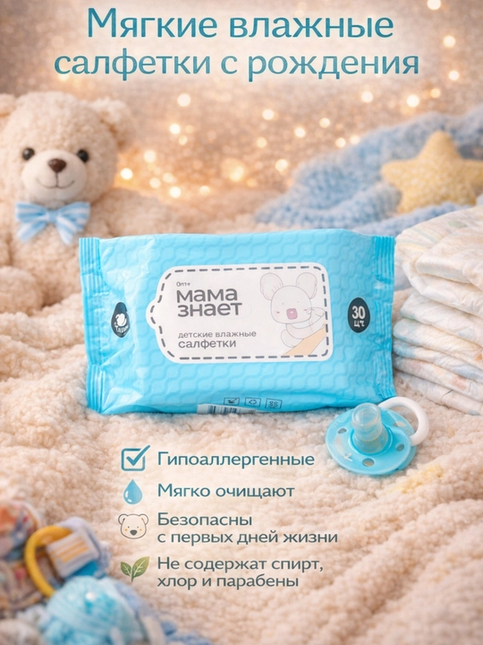 Bolalar uchun nam salfetkalar Mama Znaet 30 dona, gipoallergen, tug‘ilgandan - 