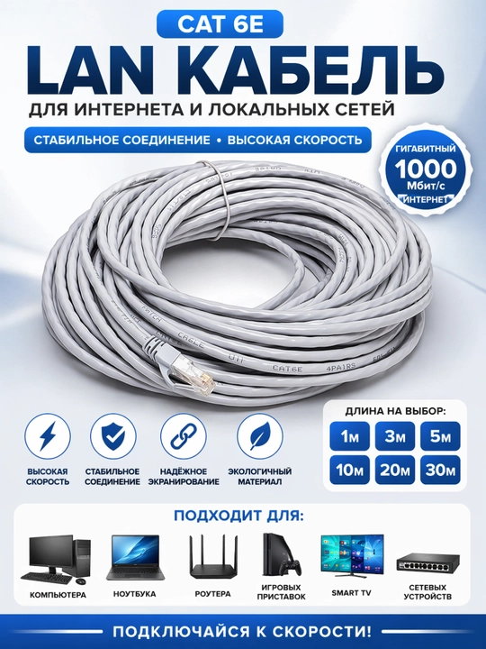 Internet kabeli LAN (Ethernet) CAT6E RJ45 tarmoq kabeli kompyuter, noutbuk va router uchun - 