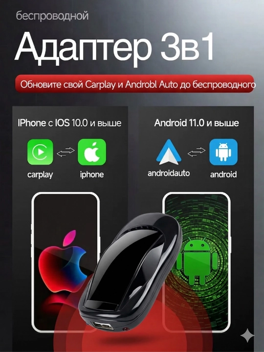 3 в 1 CarPlay Ai Box Адаптер с Android 13 и поддержкой Android Auto