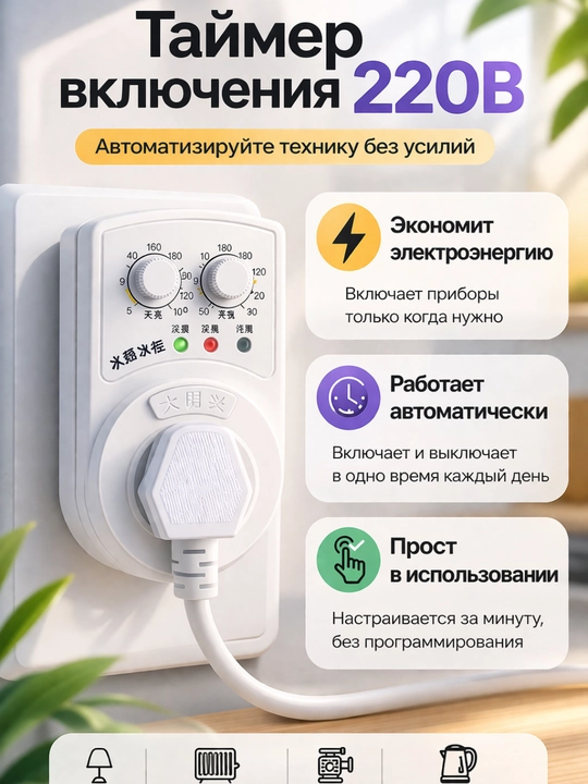 Таймер включения/выключения 220В, для бытовой техники, холодильников и аквариумов - 