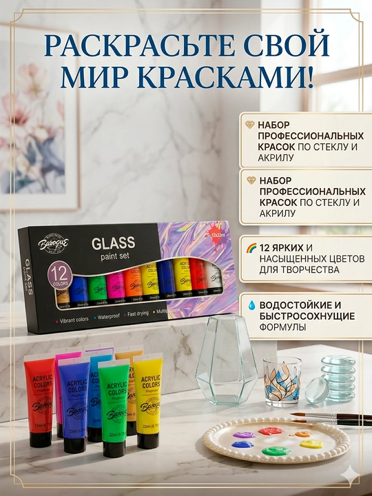 12 rang, 22 ml Shisha vitraj steklo uchun akril bo‘yoqlar toplami akril kraska glass paint - 