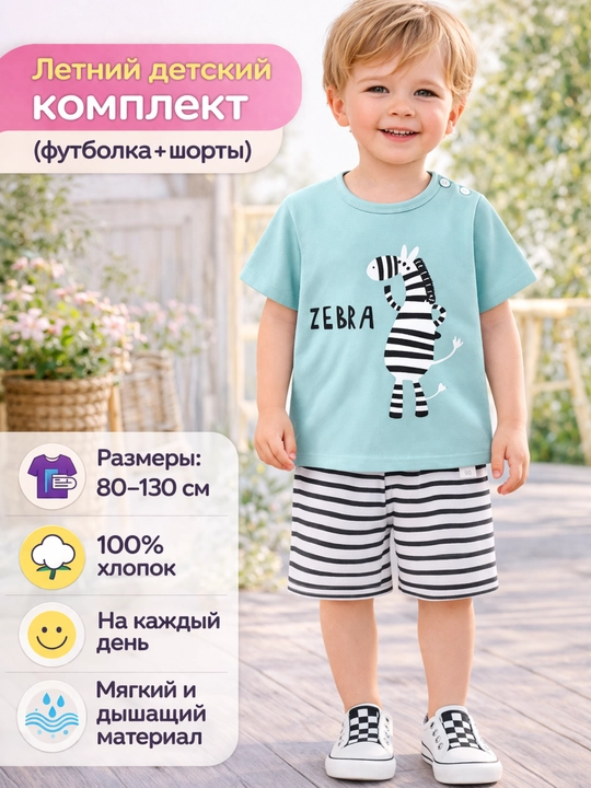 Детский летный комплект одежды, для мальчиков - футболка и шорты, 100% хлопок - 