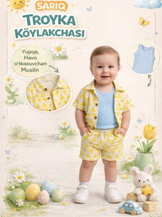Bolalar kiyimlari, o‘g‘il bolalar uchun uchlik to‘plam,muslin kiyimlar, paxtalik kiyimlar, - 