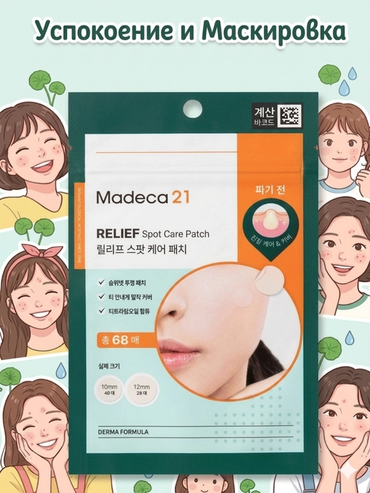 Madeca 21 Spot Care Patch 21, 68 dona, siqishdan oldin akne, toshma/siqilgandan keyin akne