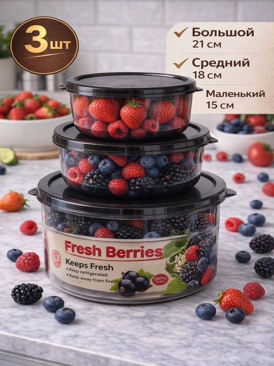 Набор пластиковых контейнеров для хранения еды с крышками, 3 шт - 