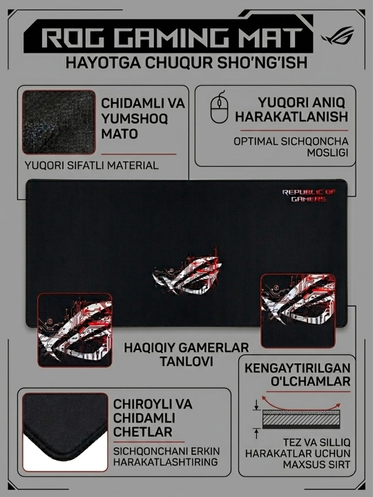 O'yin uchun sichqoncha gilamchasi ROG Gaming Mousepad XL 900x400mm, tikilgan hoshiyali - 