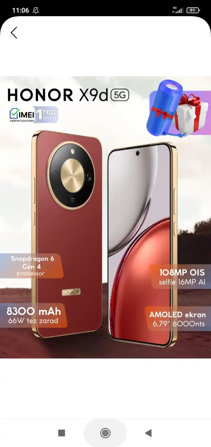 Honor X9d 5G smartfoni,AMOLED ekran,8300mAh,108MP,NFC,120Hz,1 Yil Kafolat