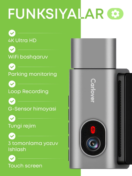 Videoregistrator 3.69"  Sensorli Ekran, 4K + ichki va orqa 1080p 3 Kamera, Parking Monitor