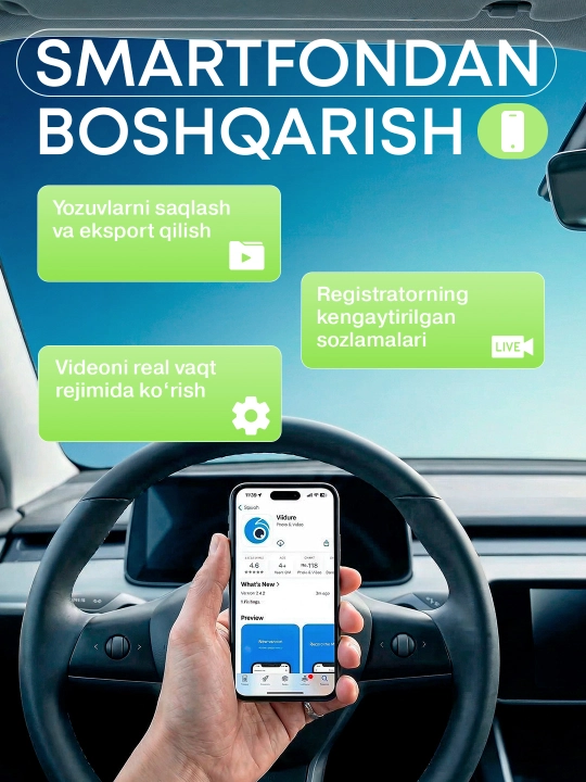 Videoregistrator 3.69"  Sensorli Ekran, 4K + ichki va orqa 1080p 3 Kamera, Parking Monitor