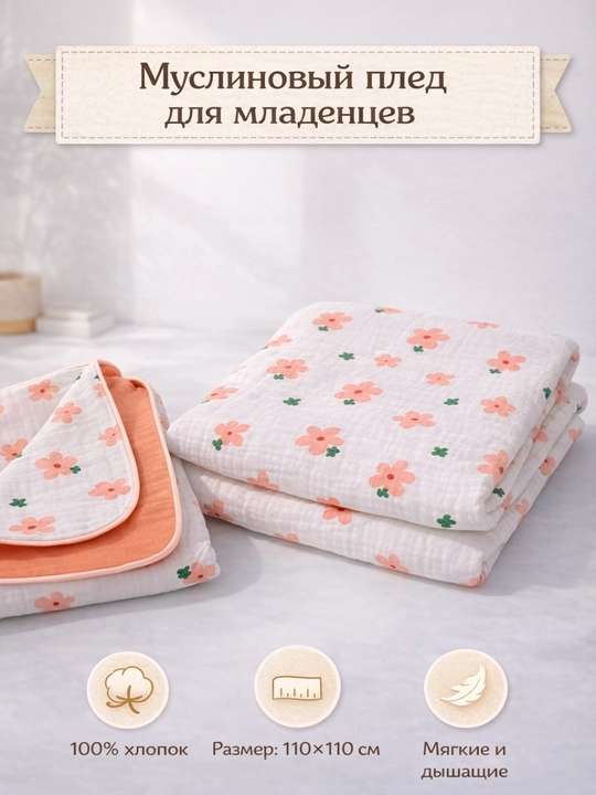 Плед детский, одеяло детское, плед покрывало, муслин, 100% хлопок, 110×110см