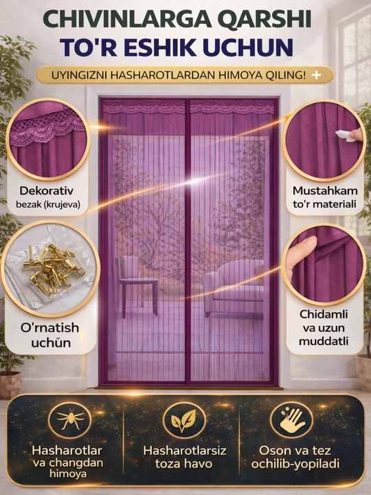 Eshik uchun magnitli to'r parda, chivin va hashoratlardan himoya - 