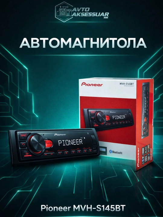 Автомагнитола PIONEER MVH-S145BT, магнитофон для машины, 1DIN, чёрный, Bluetooth AUX USB - 