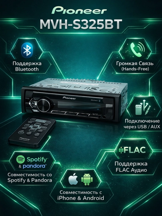 Магнитофон Pioneer MVH-S325BT Bluetooth автомагнитола, 1DIN, 4x50W