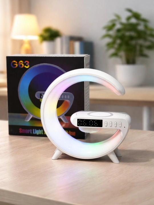 Aqlli LED lampa G63, RGB yoritish, soat, kalonka va simsiz zaryadlash bilan