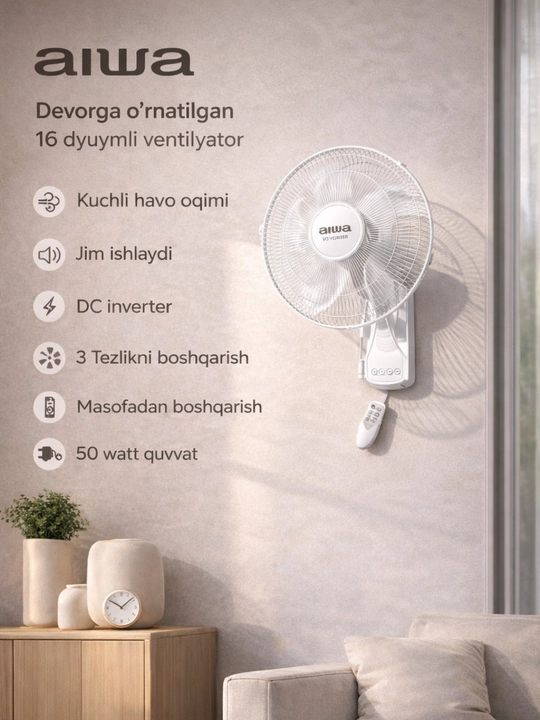 Настенный вентилятор AIWA DC Inverter 16", с пультом, тихий и мощный - 