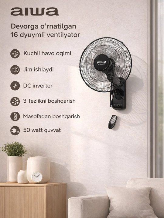 Настенный вентилятор AIWA DC Inverter 16", с пультом, тихий и мощный - 