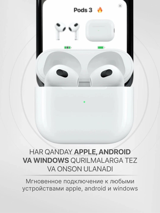Simsiz quloqchinlar Pods 3, sensorli blutuz naushnik, iPhone va Android uchun