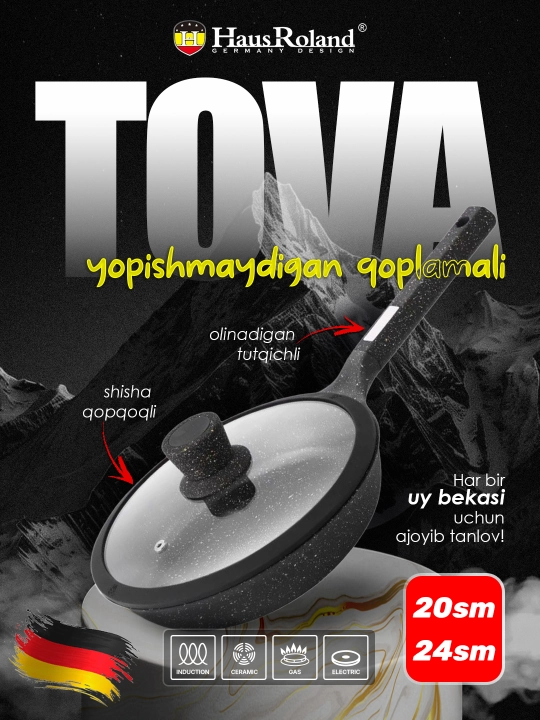 Tova Hause Roland, yopishmaydigan qoplamali, shisha qopqoqli, olinadigan tutqichli - 