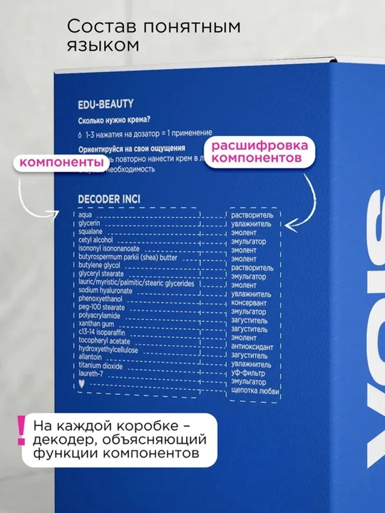 VOIS yuz kremlari: namlantiruvchi, aknega qarshi, tungi, niatsinamid, Q10, anti-age, 50 ml