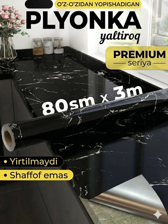Oshxona, mebel va devorlar uchun marmar plyonka, namlikka chidamli dekorativ plyonka