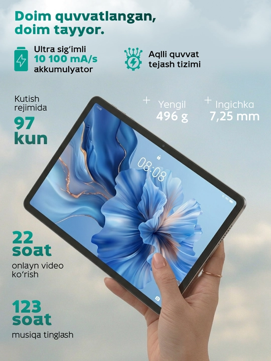 Quvvatli HONOR Pad X8b plansheti, Wi-Fi, 4/128 Gb, 11 dyuym, 10100 mA/soat batareya