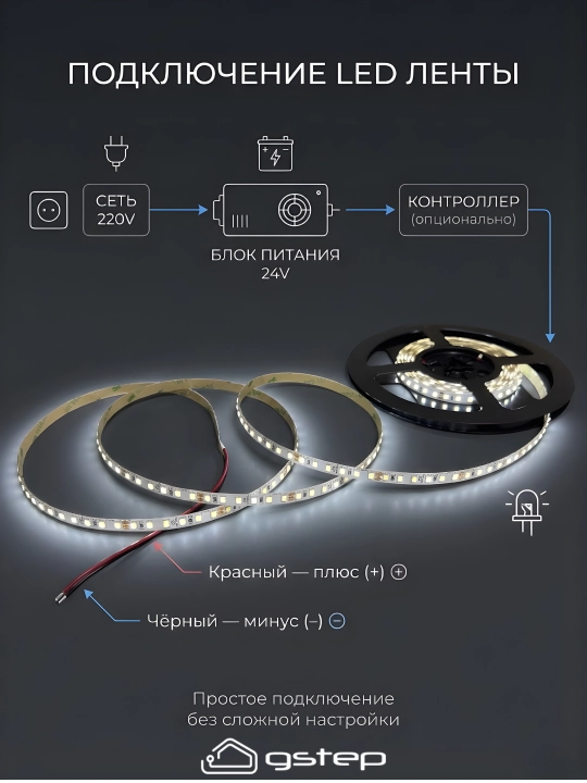 LED lenta SMD 2835, 120 LED/m, 5m, 6500K sovuq oq, DC 24V, IP20