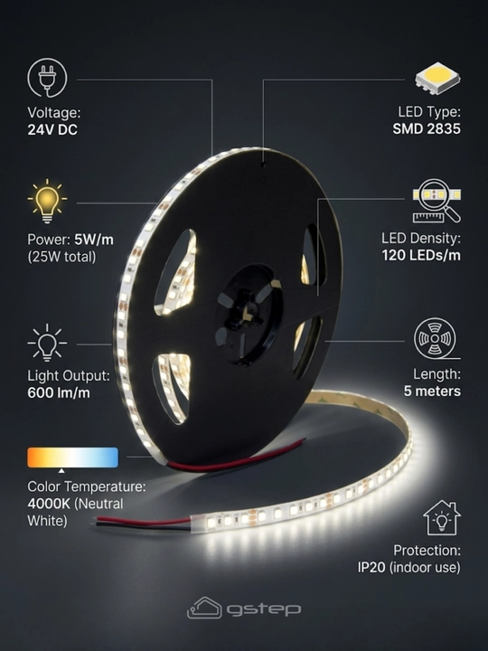 LED lenta SMD 2835, 120 LED/m, 5m, 4000K sovuq oq, DC 24V, IP20