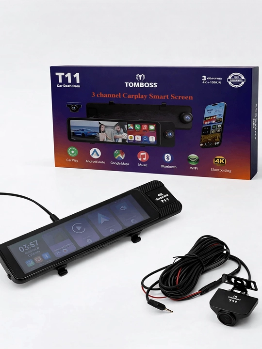 Видеорегистратор 3 камеры TOMBOSS T11, Wi-Fi наблюдение, Антирадар, Carplay