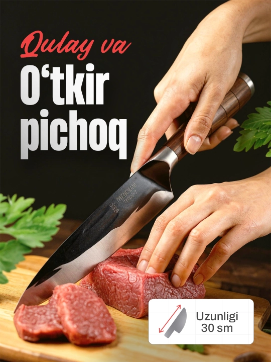 Po‘latdan yasalgan, ergonomik yog‘och dastali oshxona pichog‘i