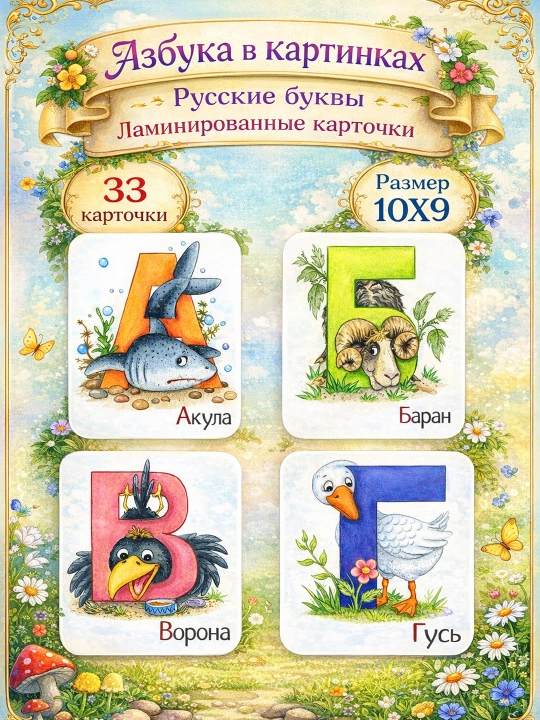 Rasmli alifbo alifbosi, rus harflari, laminatsiyalangan kartochkalar, 10X9 o‘lchamda - 