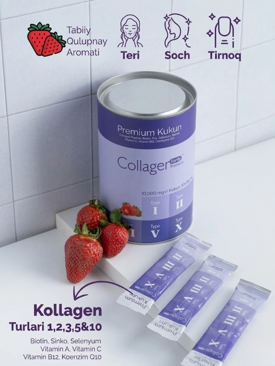 Коллаген FORTE для лица и волос Collagen Forte 10000 мг порошок 30 саше клубничный вкус